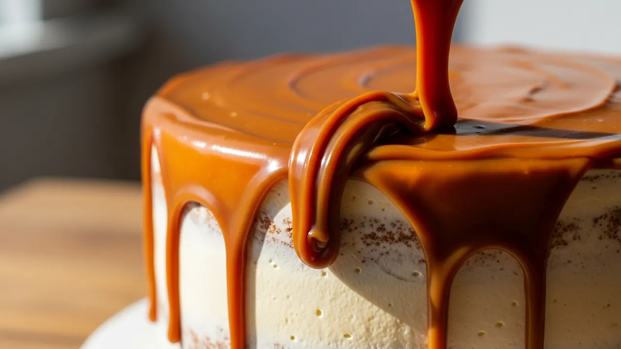 Close-up de um bolo sendo coberto com uma generosa camada de cobertura de doce de leite para bolo, com a calda brilhante e cremosa escorrendo pelas laterais.