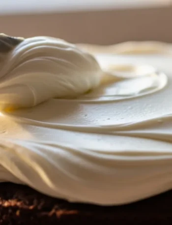 Close-up de uma espátula espalhando uma cobertura de leite ninho para bolo, ultracremosa e brilhante, sobre a superfície de um bolo de chocolate.