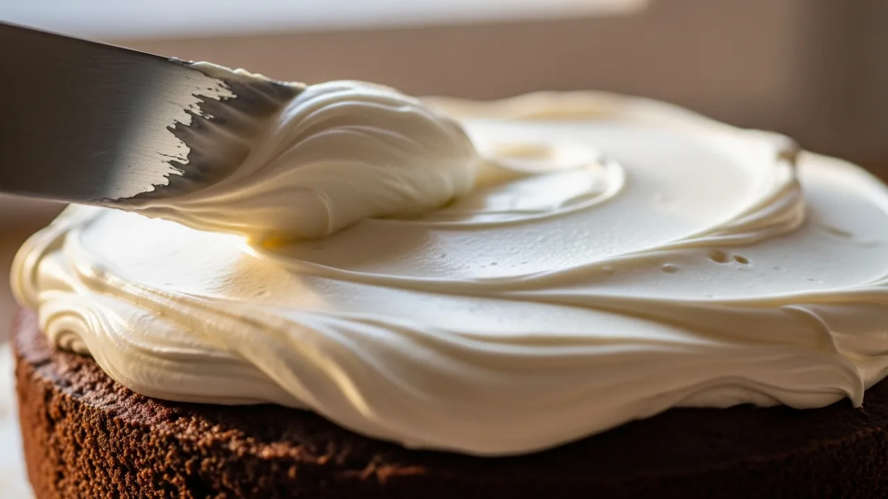 Close-up de uma espátula espalhando uma cobertura de leite ninho para bolo, ultracremosa e brilhante, sobre a superfície de um bolo de chocolate.