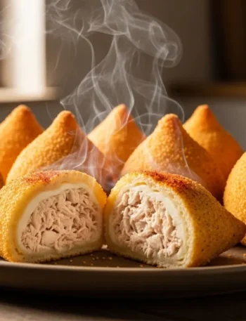 Várias unidades de coxinha de frango no forno, com uma casquinha dourada e crocante, servidas em um prato. Uma delas está cortada ao meio, mostrando o recheio cremoso e suculento de frango.