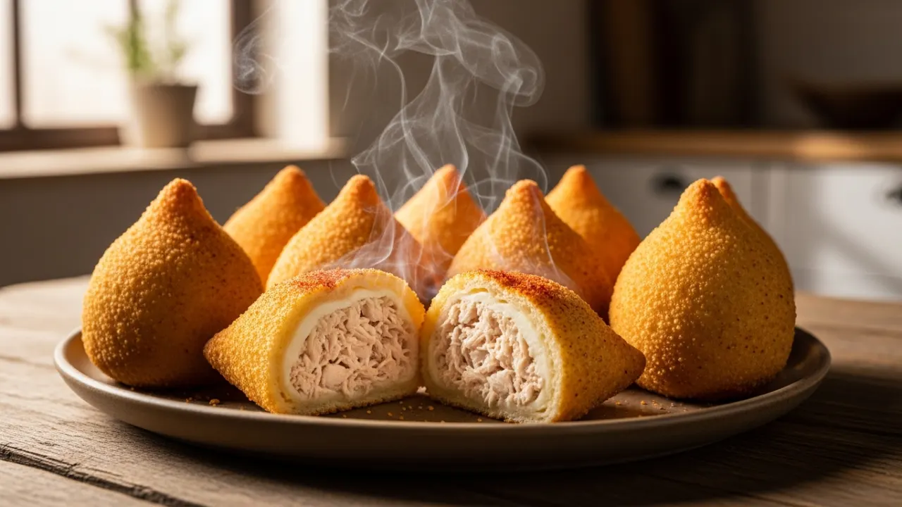 Várias unidades de coxinha de frango no forno, com uma casquinha dourada e crocante, servidas em um prato. Uma delas está cortada ao meio, mostrando o recheio cremoso e suculento de frango.
