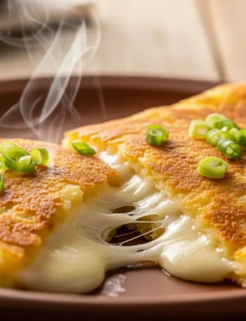 Close-up de uma crepioca simples e douradinha, dobrada ao meio em um prato, com queijo derretido escorrendo para fora.