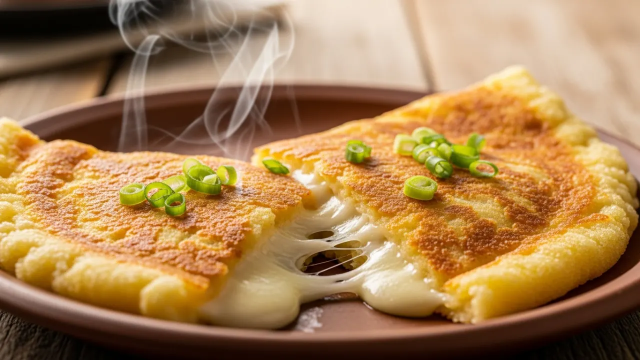 Close-up de uma crepioca simples e douradinha, dobrada ao meio em um prato, com queijo derretido escorrendo para fora.