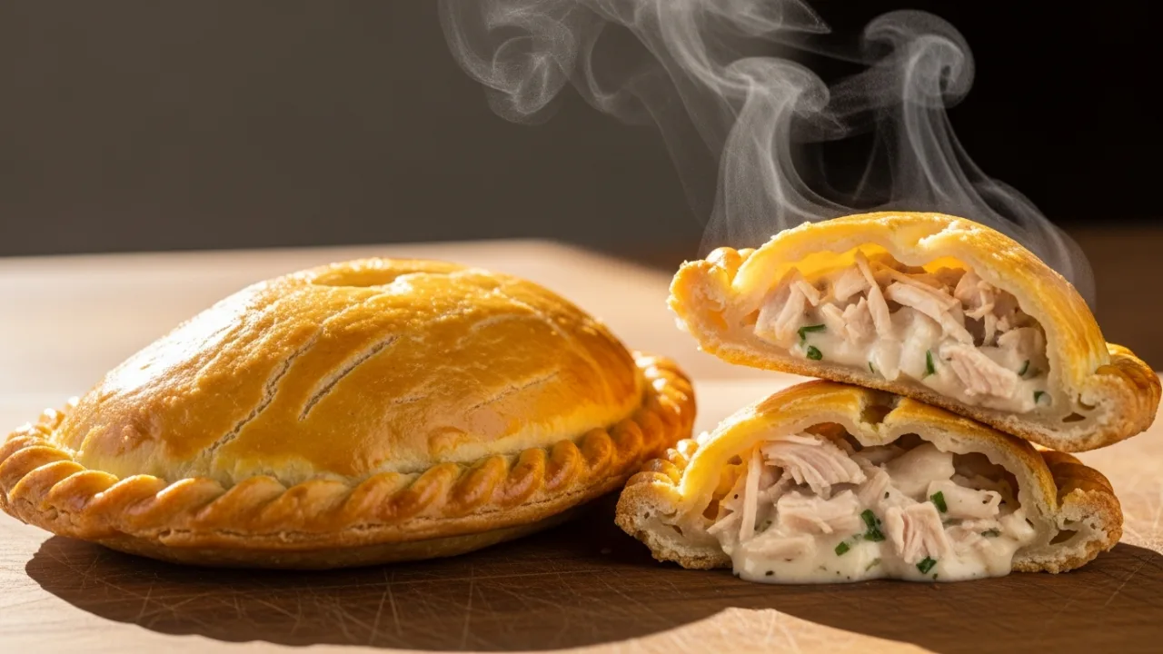 Close-up de uma empada de frango com massa dourada e amanteigada, cortada ao meio para mostrar o recheio cremoso e suculento.