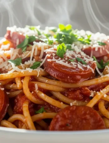 Close-up de um prato de esparguete com salsicha ao molho de tomate vermelho e brilhante, finalizado com queijo parmesão ralado e salsinha picada por cima.