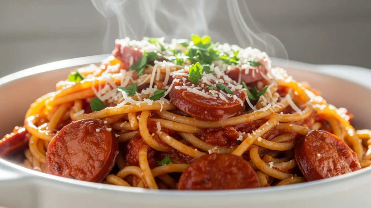 Close-up de um prato de esparguete com salsicha ao molho de tomate vermelho e brilhante, finalizado com queijo parmesão ralado e salsinha picada por cima.