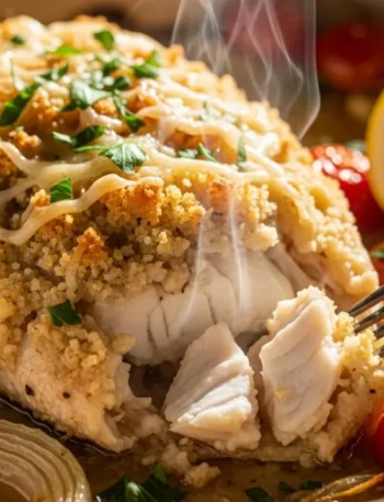 Close-up de um filé de tilápia no forno com crosta dourada e gratinada, sobre uma cama de tomates-cereja e cebola em uma assadeira. O peixe está macio e suculento, decorado com salsinha fresca.
