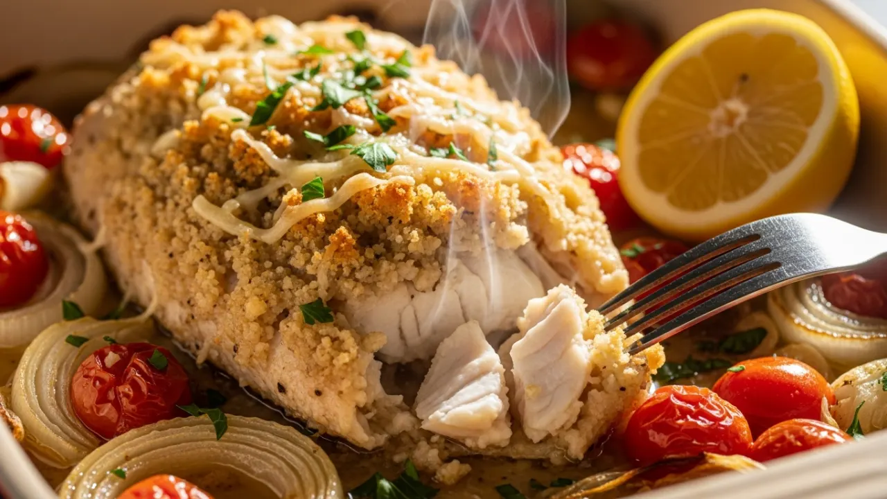 Close-up de um filé de tilápia no forno com crosta dourada e gratinada, sobre uma cama de tomates-cereja e cebola em uma assadeira. O peixe está macio e suculento, decorado com salsinha fresca.