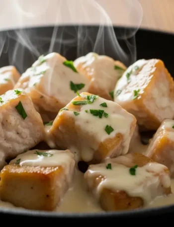 Close-up de frango com requeijão cremoso servido em uma panela de ferro, com o molho branco e espesso cobrindo os pedaços de frango dourado e salpicado com salsinha fresca.