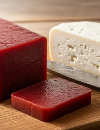 Close-up de um pedaço de goiabada caseira de cortar, com cor rubi brilhante, ao lado de uma fatia de queijo branco fresco, montando o doce Romeu e Julieta em uma tábua de madeira.