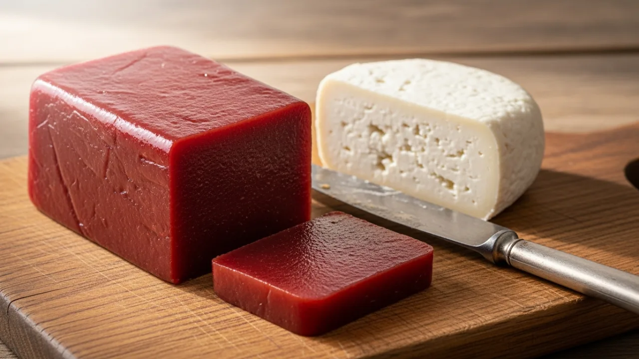 Close-up de um pedaço de goiabada caseira de cortar, com cor rubi brilhante, ao lado de uma fatia de queijo branco fresco, montando o doce Romeu e Julieta em uma tábua de madeira.