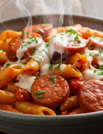 Close-up de um prato de macarrão com salsicha cremoso, onde o molho de tomate brilhante envolve a massa penne e as rodelas de salsicha, finalizado com cheiro-verde picado por cima.