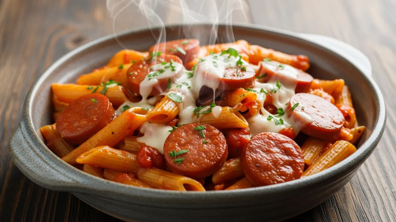 Close-up de um prato de macarrão com salsicha cremoso, onde o molho de tomate brilhante envolve a massa penne e as rodelas de salsicha, finalizado com cheiro-verde picado por cima.
