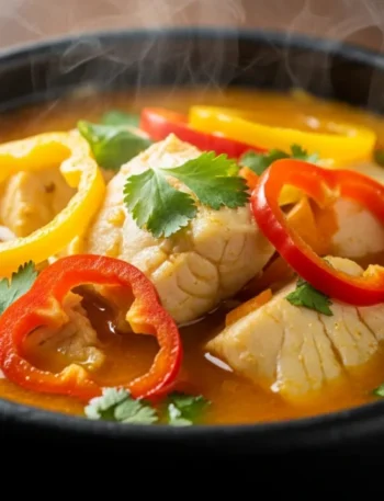 Close-up de uma panela de barro preta servindo uma muqueca baiana tradicional, com o caldo laranja vibrante, postas de peixe branco, pimentões coloridos e coentro fresco por cima.