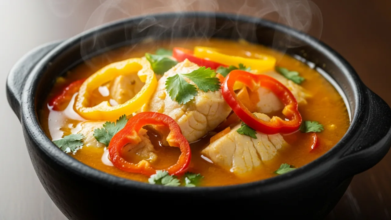 Close-up de uma panela de barro preta servindo uma muqueca baiana tradicional, com o caldo laranja vibrante, postas de peixe branco, pimentões coloridos e coentro fresco por cima.