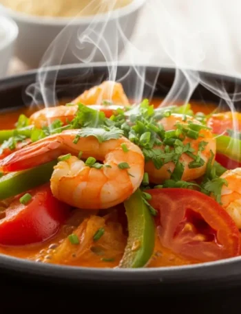 Panela de barro preta com muqueca capixaba com camarão borbulhando, mostrando os camarões rosados, rodelas de tomate e pimentão no caldo laranja e brilhante, com coentro fresco por cima.