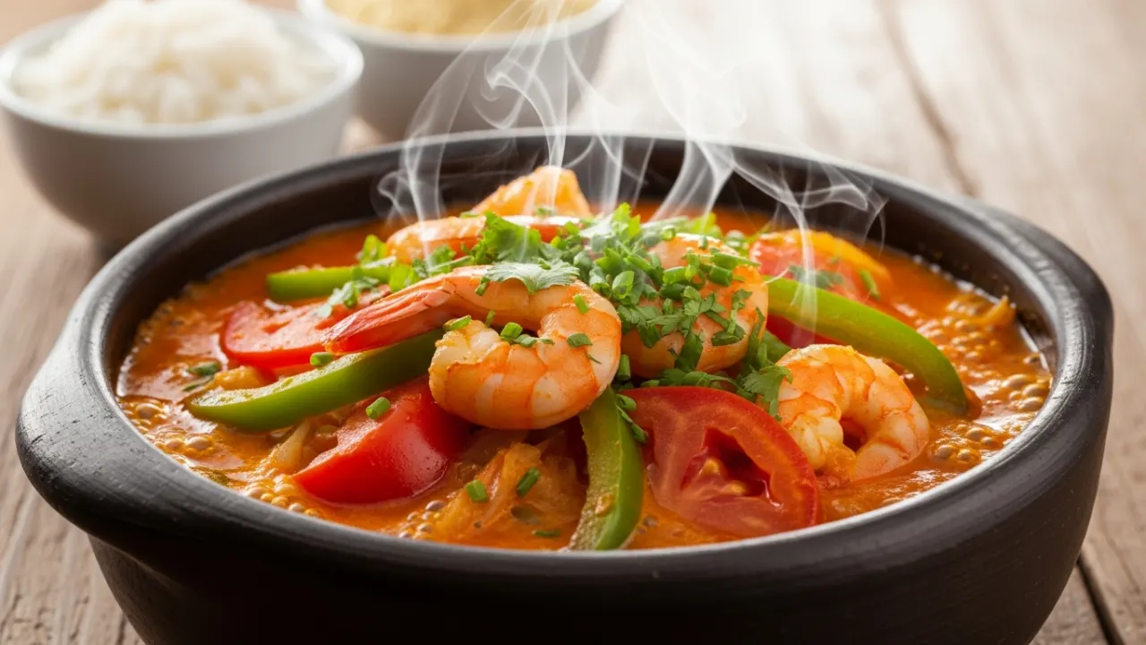 Panela de barro preta com muqueca capixaba com camarão borbulhando, mostrando os camarões rosados, rodelas de tomate e pimentão no caldo laranja e brilhante, com coentro fresco por cima.