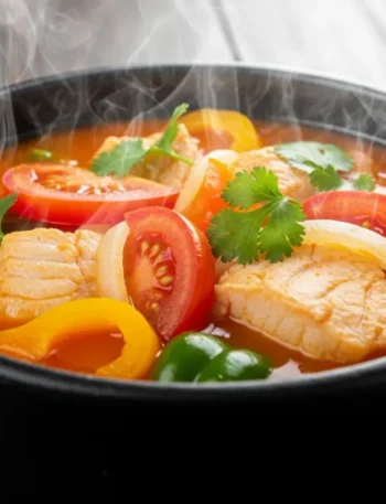 Close-up de uma muqueca capixaba tradicional servida quente em uma panela de barro, com postas de peixe branco suculentas, tomate, pimentão e um caldo laranja vibrante, finalizada com coentro fresco.