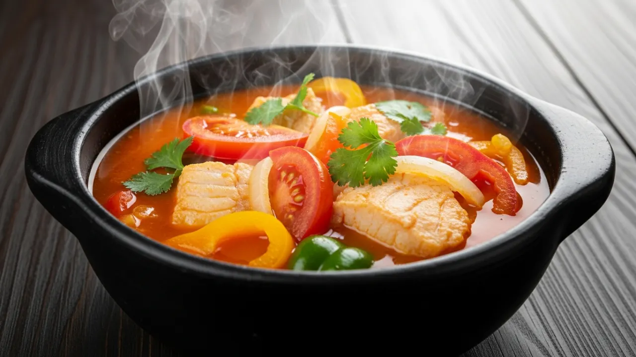 Close-up de uma muqueca capixaba tradicional servida quente em uma panela de barro, com postas de peixe branco suculentas, tomate, pimentão e um caldo laranja vibrante, finalizada com coentro fresco.