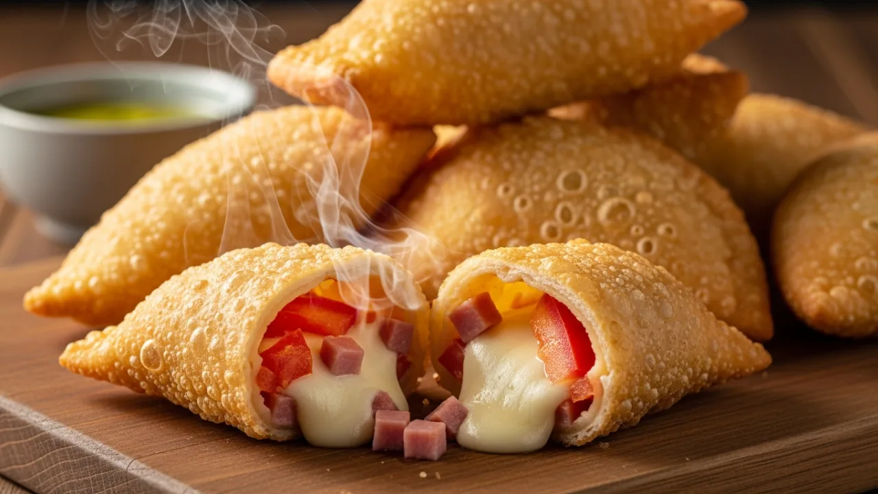 Close-up de pastéis crocantes feitos com massa pronta, um deles aberto exibindo o recheio quente de queijo e presunto.