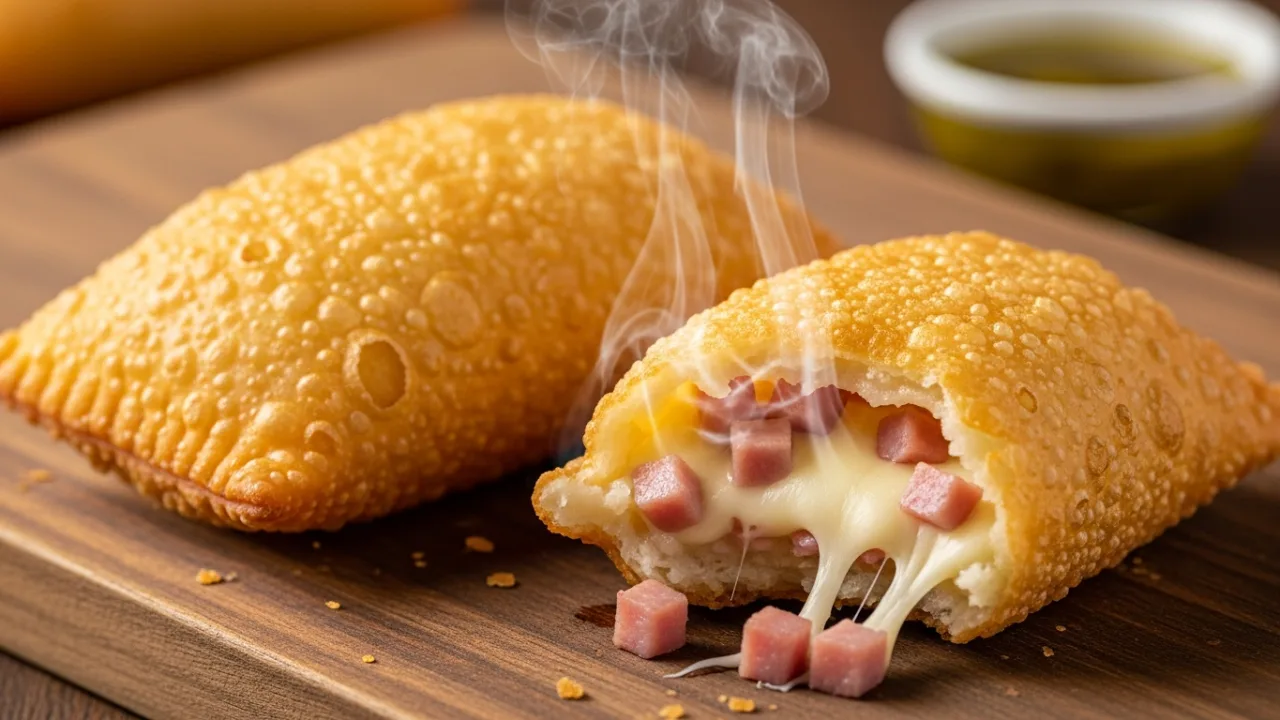 Dois pastéis de feira crocantes e dourados sobre uma tábua de madeira, com um deles mordido mostrando o recheio de queijo e presunto derretido.