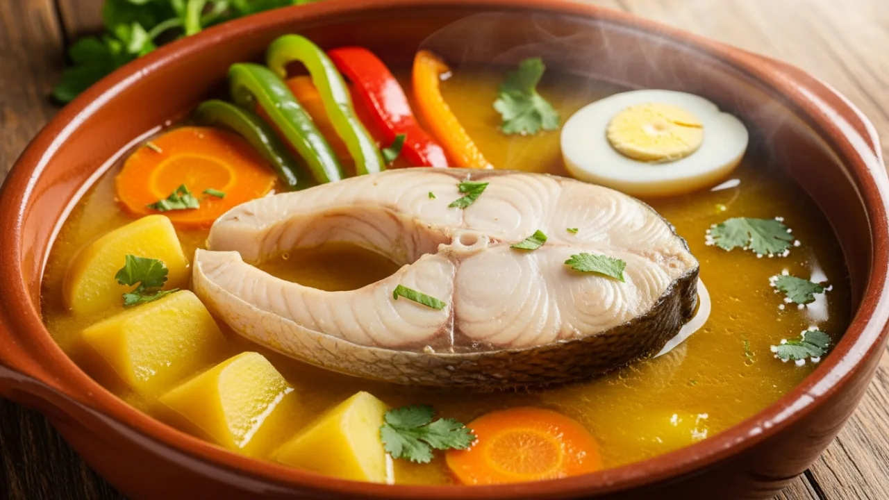 Prato fundo de cerâmica com uma posta generosa de peixada cearense, imersa em um caldo dourado e fumegante, com pedaços de batata, pimentão e cenoura, finalizado com coentro fresco e uma rodela de ovo cozido.