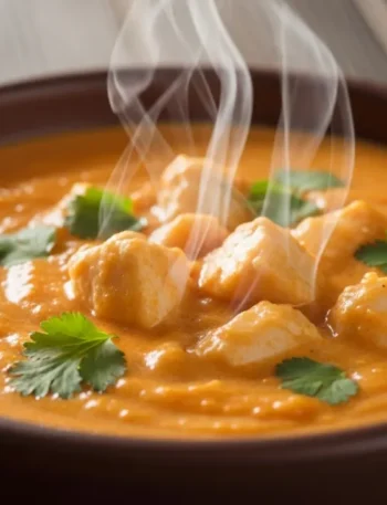 Tigela de cerâmica rústica servida com pirão de peixe cremoso e quente, com pequenos pedaços de peixe visíveis e um toque de coentro fresco por cima.