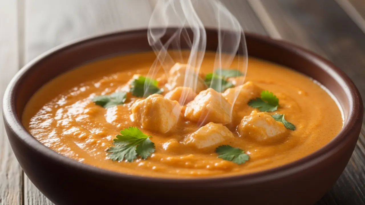 Tigela de cerâmica rústica servida com pirão de peixe cremoso e quente, com pequenos pedaços de peixe visíveis e um toque de coentro fresco por cima.