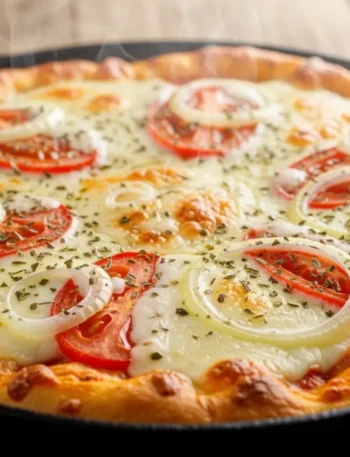 Close-up de uma pizza de frigideira com queijo muçarela bem derretido, rodelas de tomate e orégano, com a borda da massa dourada e crocante, servida diretamente na frigideira.