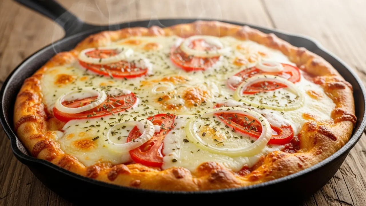 Close-up de uma pizza de frigideira com queijo muçarela bem derretido, rodelas de tomate e orégano, com a borda da massa dourada e crocante, servida diretamente na frigideira.