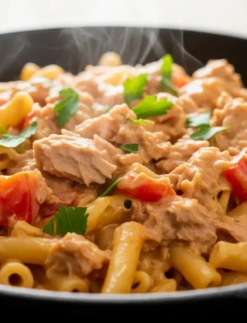 Close-up de uma panela rústica com a receita de atum cremosa, mostrando o molho encorpado envolvendo o macarrão, com pedaços de atum e cheiro-verde fresco salpicado por cima.