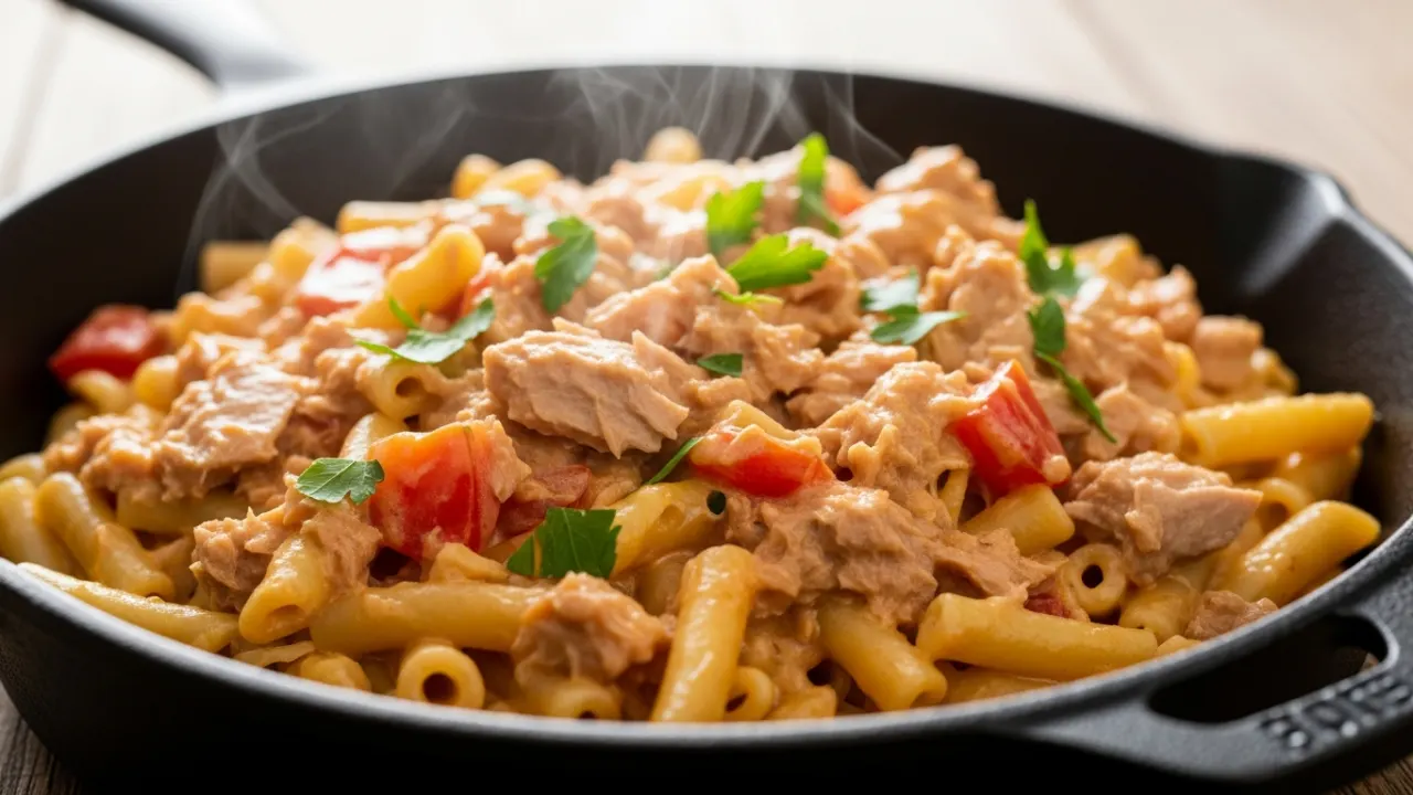 Close-up de uma panela rústica com a receita de atum cremosa, mostrando o molho encorpado envolvendo o macarrão, com pedaços de atum e cheiro-verde fresco salpicado por cima.