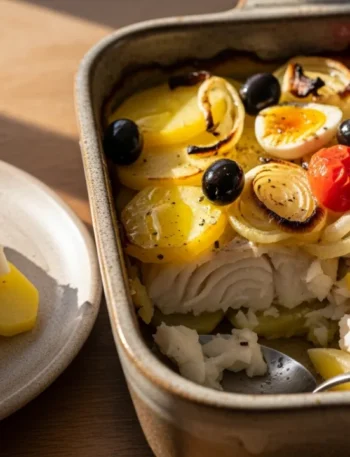 Close-up de uma travessa de cerâmica com uma generosa porção de receita de bacalhau ao forno, mostrando as lascas suculentas do peixe, batatas douradas, azeitonas pretas, ovos em rodelas e tomate cereja.