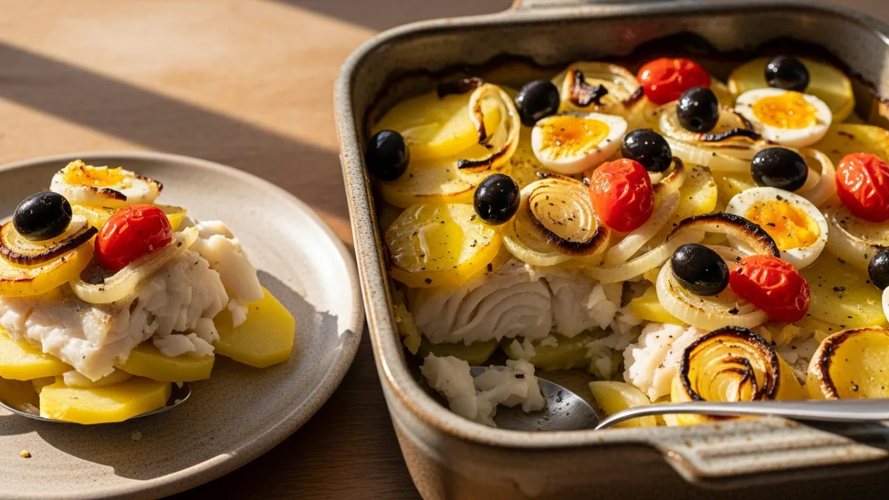 Close-up de uma travessa de cerâmica com uma generosa porção de receita de bacalhau ao forno, mostrando as lascas suculentas do peixe, batatas douradas, azeitonas pretas, ovos em rodelas e tomate cereja.