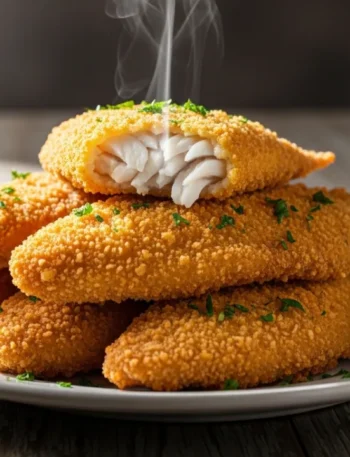 Close-up de vários filés de tilápia frito crocante, com uma casquinha dourada e sequinha, servidos em um prato com gomos de limão e cheiro-verde.