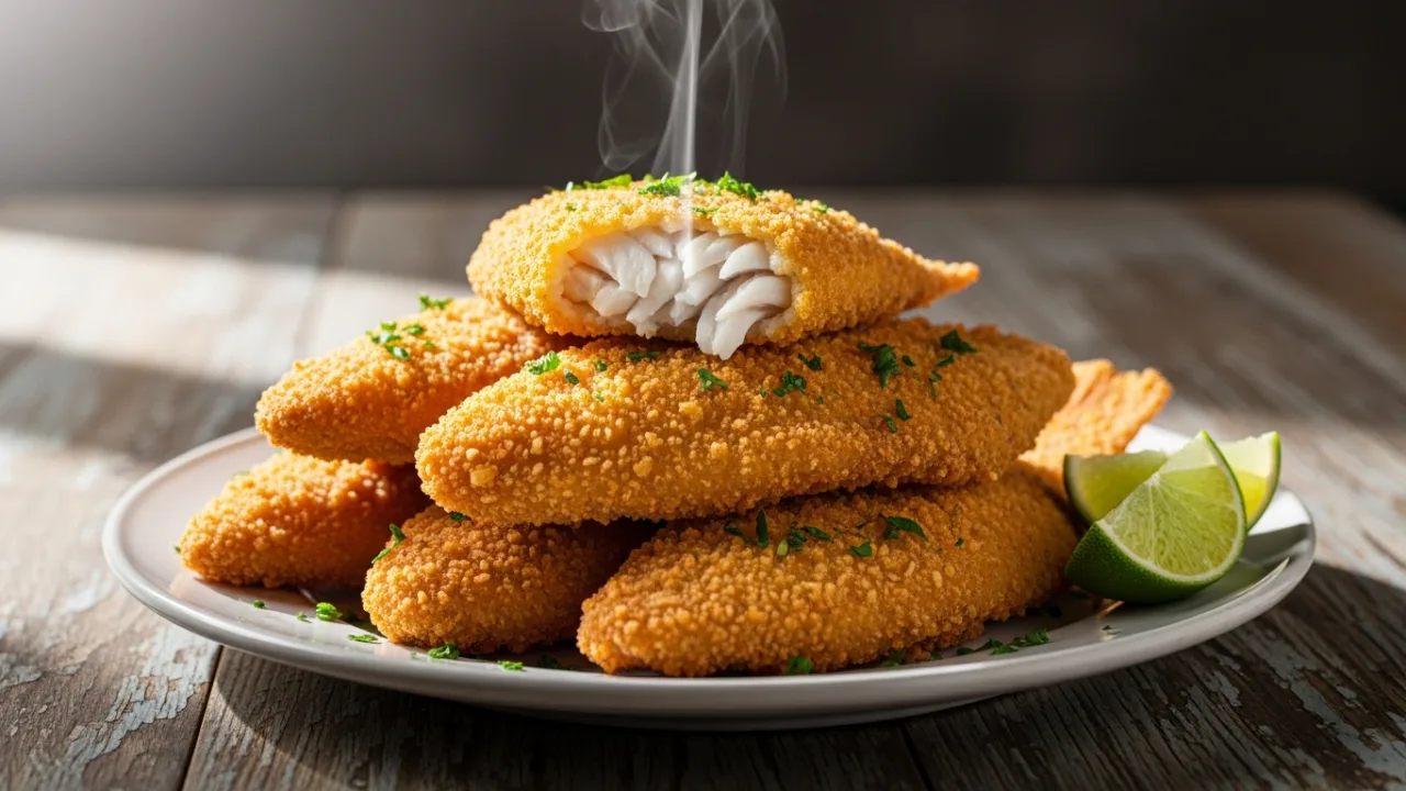 Close-up de vários filés de tilápia frito crocante, com uma casquinha dourada e sequinha, servidos em um prato com gomos de limão e cheiro-verde.