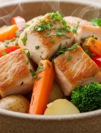 Close-up de uma porção de frango com legumes na panela servida em um prato, destacando os cubos de frango dourados e os legumes coloridos como cenoura, brócolis e pimentão, com um caldo brilhante.