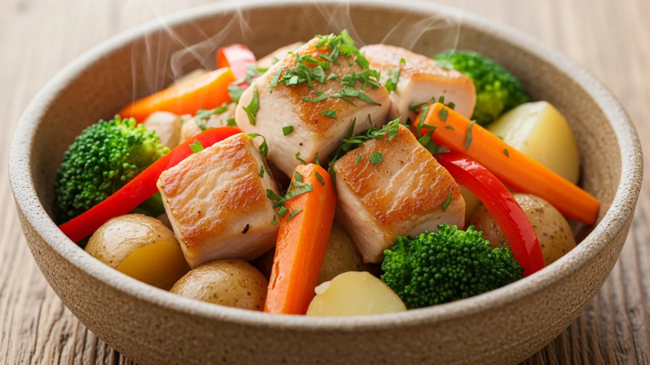 Close-up de uma porção de frango com legumes na panela servida em um prato, destacando os cubos de frango dourados e os legumes coloridos como cenoura, brócolis e pimentão, com um caldo brilhante.