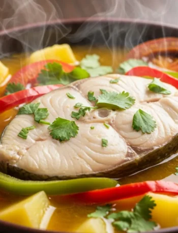 Close-up de uma tigela rústica com a receita de peixada catarinense, exibindo uma posta de peixe branco em um caldo dourado fumegante, com pedaços de batata, pimentão e coentro fresco.