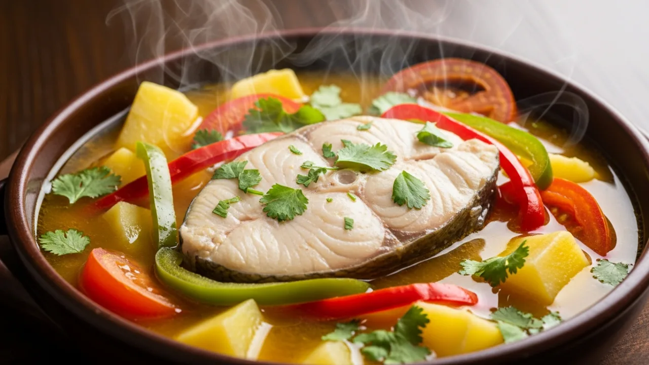 Close-up de uma tigela rústica com a receita de peixada catarinense, exibindo uma posta de peixe branco em um caldo dourado fumegante, com pedaços de batata, pimentão e coentro fresco.