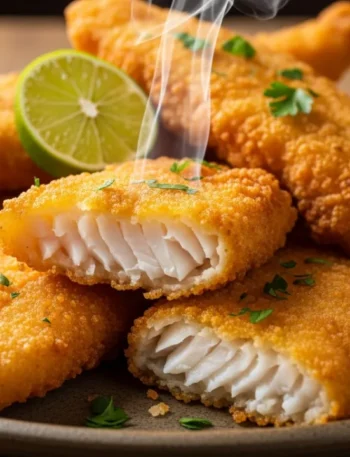 Prato com filés de peixe frito crocante e bem dourados, servidos com gomos de limão fresco e um toque de cheiro-verde picado por cima.
