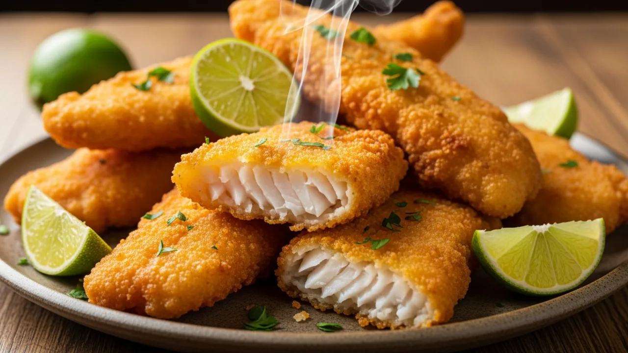Prato com filés de peixe frito crocante e bem dourados, servidos com gomos de limão fresco e um toque de cheiro-verde picado por cima.