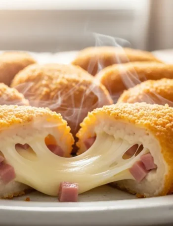 Close-up de risoles de queijo e presunto dourados em um prato, com um deles partido ao meio mostrando o queijo derretido e puxando.