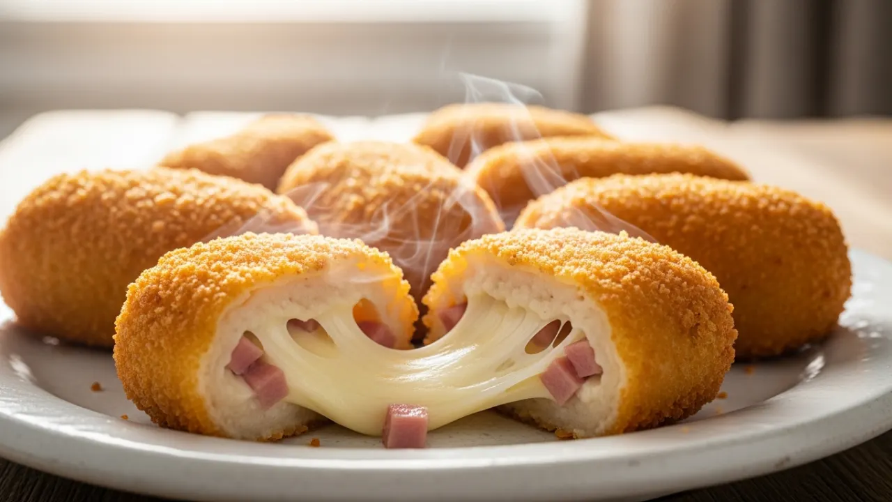 Close-up de risoles de queijo e presunto dourados em um prato, com um deles partido ao meio mostrando o queijo derretido e puxando.