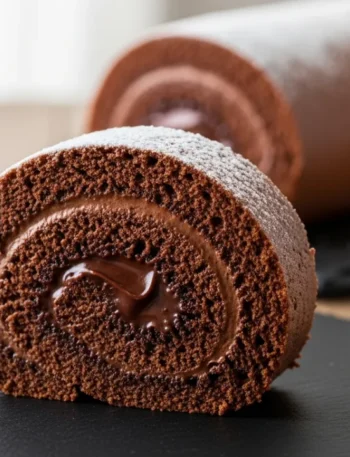 Close-up de uma fatia de rocambole de chocolate fofinho, exibindo o espiral perfeito da massa de cacau com recheio cremoso, servido em um prato escuro.
