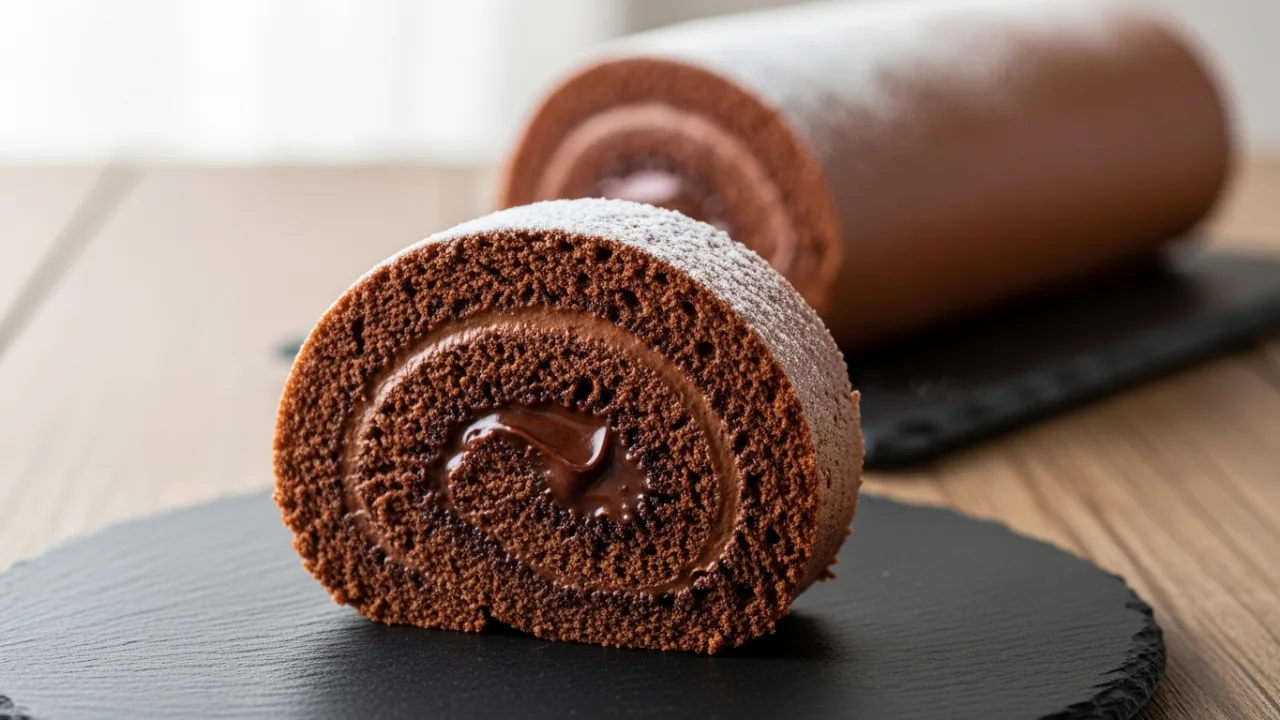 Close-up de uma fatia de rocambole de chocolate fofinho, exibindo o espiral perfeito da massa de cacau com recheio cremoso, servido em um prato escuro.