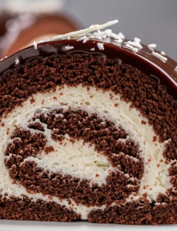 Close-up de uma fatia de rocambole de prestígio, mostrando a massa de chocolate fofinha em espiral com recheio de coco cremoso e uma cobertura brilhante de ganache de chocolate em um prato.