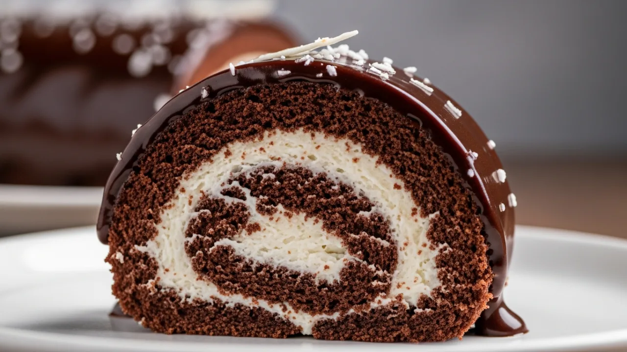 Close-up de uma fatia de rocambole de prestígio, mostrando a massa de chocolate fofinha em espiral com recheio de coco cremoso e uma cobertura brilhante de ganache de chocolate em um prato.