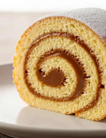 Close-up de uma fatia de rocambole de doce de leite, exibindo a massa fofinha em espiral e o recheio cremoso, polvilhado com açúcar de confeiteiro.