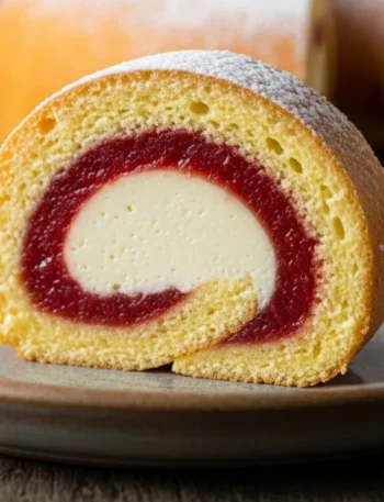 Fatia de rocambole Romeu e Julieta fofinho, exibindo o espiral da massa dourada com o recheio cremoso de queijo e a goiabada brilhante, servida em um prato com açúcar de confeiteiro polvilhado por cima.